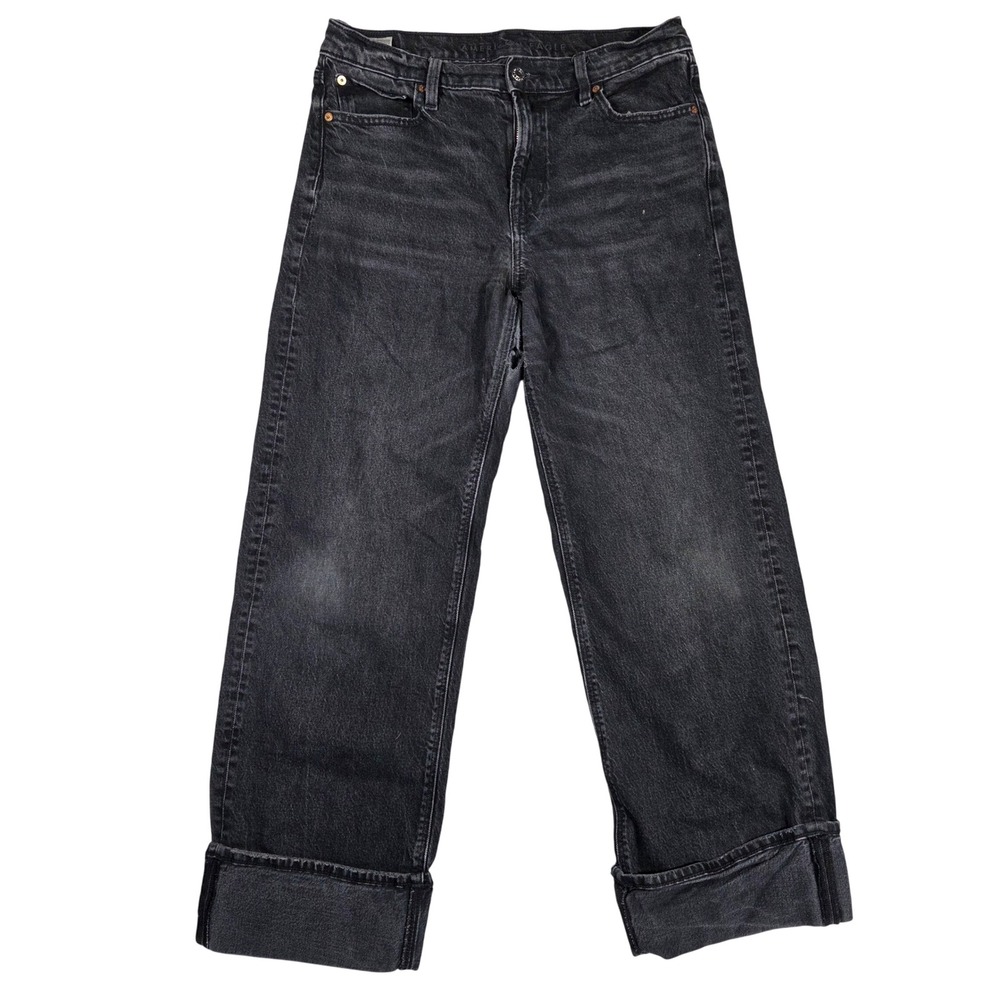 American Eagle Stovepipe Jeans Womens 8 Black High Rise Straight Leg Cuffed Hem